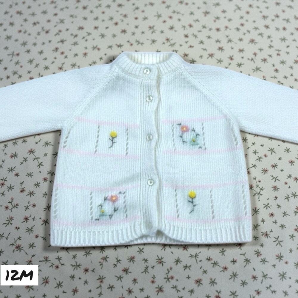 Silver Spoon Baby Cardigan Girls 12M‎ White Knit Floral Button Sweater Embroider
